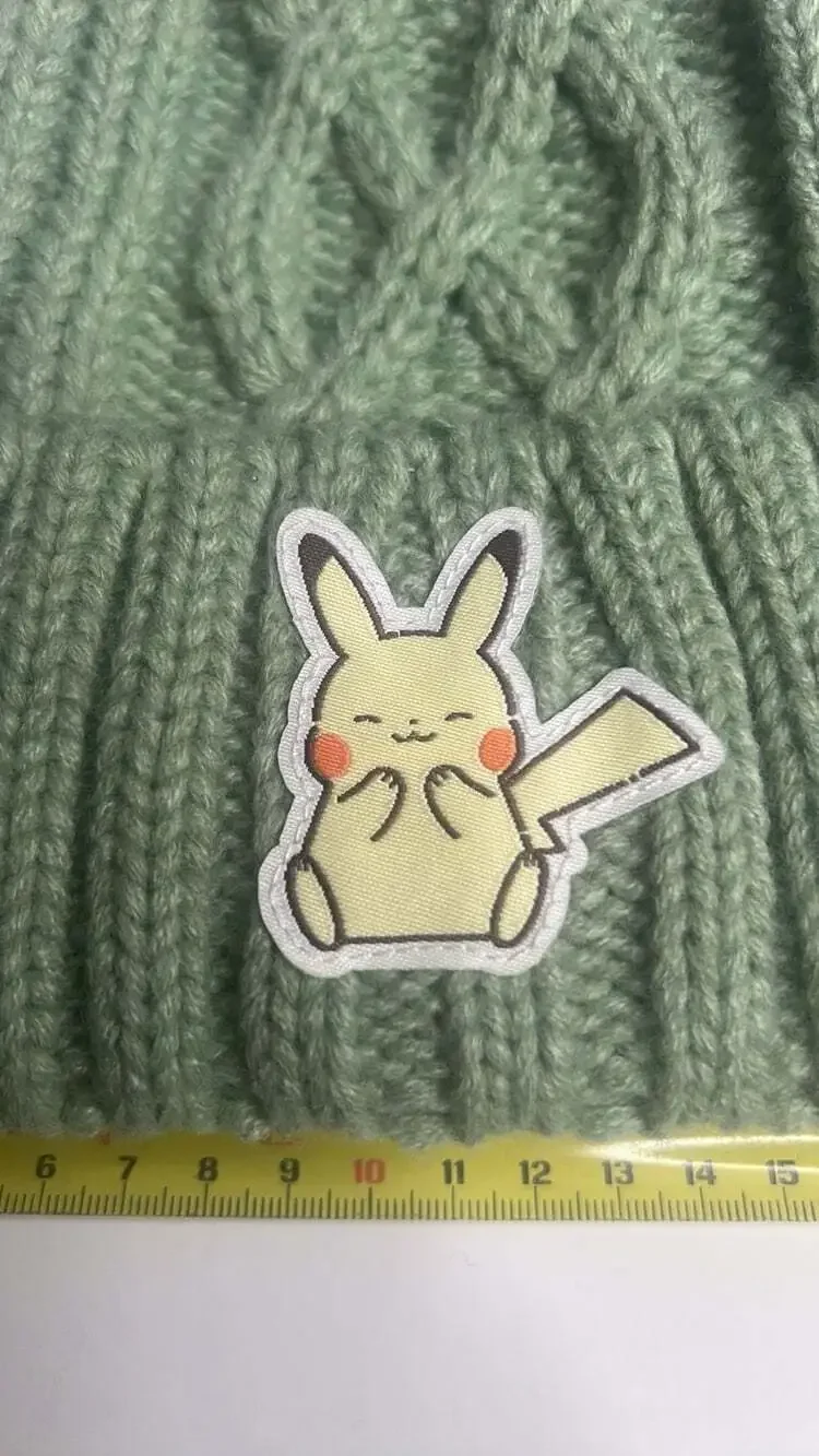 Youth Pokémon Pikachu Green & White Cable Knit Beanie With Pom Pom, NWOT